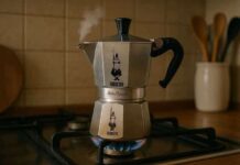 La Moka Express della Bialetti che "borbotta" sul fuoco mentre realizza il classico caffè espresso casalingo | Life and News Magazine